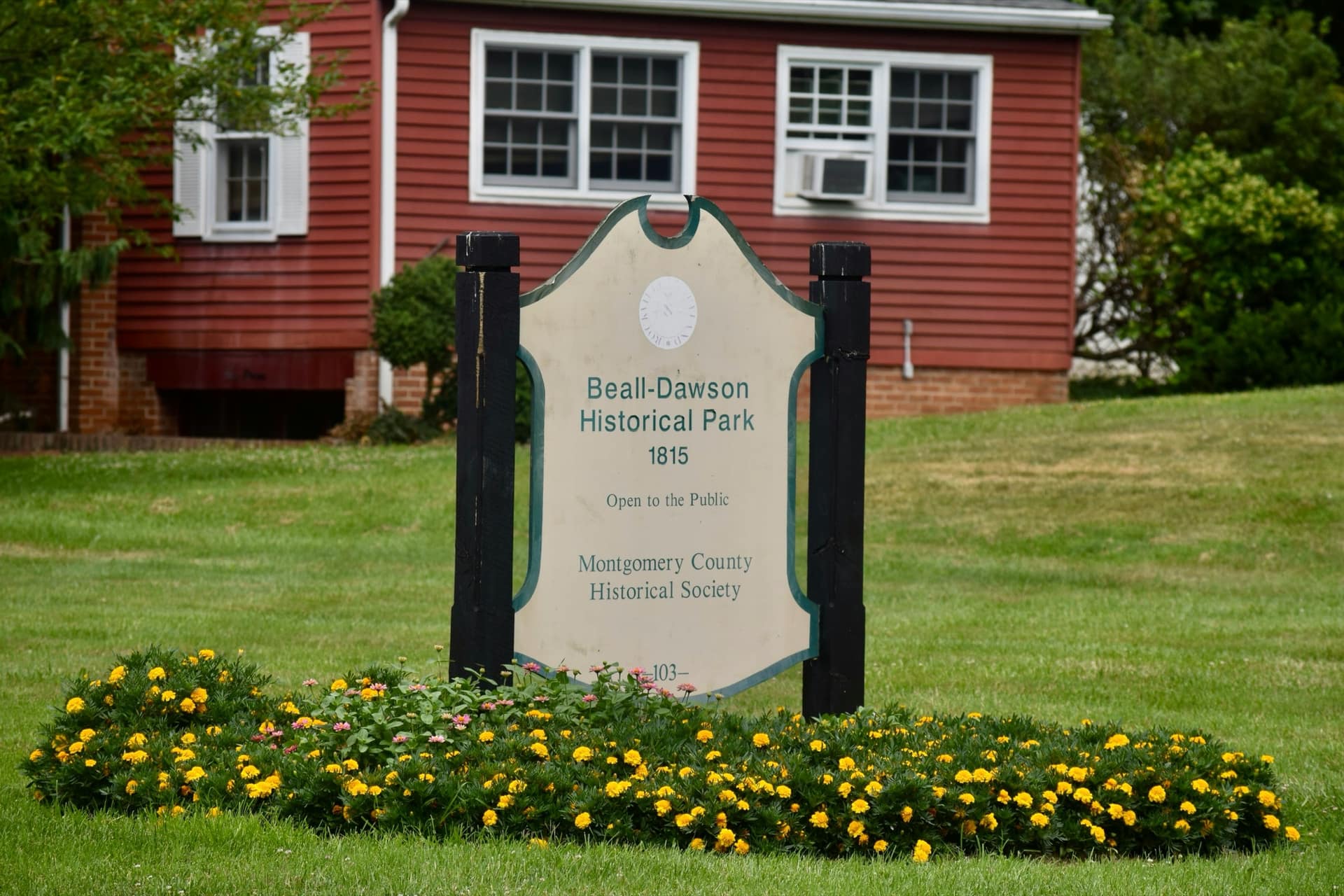 The historic Beall-Dawson House and Montgomery County Historical Society marker in Rockville, MD